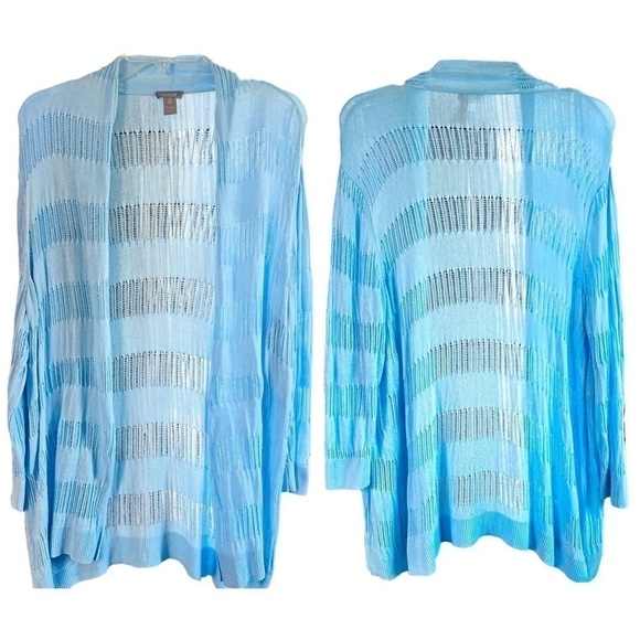 Chicos Light Blue Pointell Knit Open Front Cardigan Sweater Lightweight 2/Large - Picture 1 of 11
